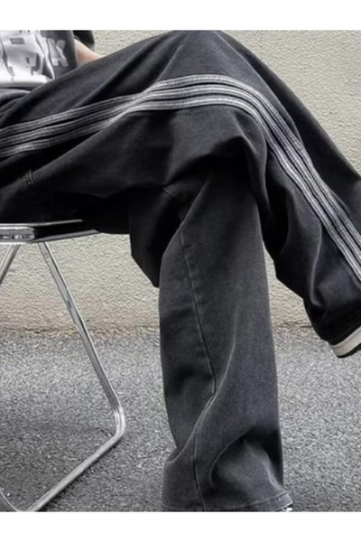 Chirkef Unisex Side Stripe Striped Frayed Zipper Closure Baggy Jeans Gray