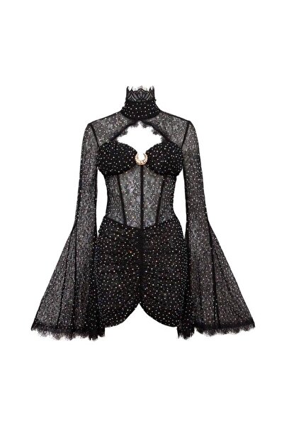 Eloraco İspanyol Kol Aksesuar Detay Transparan Dantel Mini Gece Elbisesi