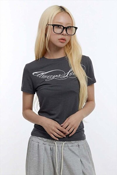 Köstebek Füme Always lucky Grunge Y2K Kısa Kollu Crop