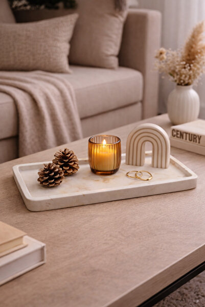 Soul Stone Atelier Dekoratif Dikdörtgen Tepsi Krem Rengi Mermer