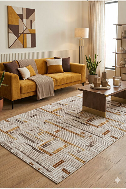 Kahverengi Geometrik Desenli Koridor Halısı Modern Boho Runner Halı Kaymaz Tabanlı, Yıkanabilir, Uzun Halı FCH3005 Bej