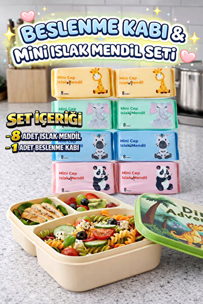 M&H 3 Bölmeli Beslenme Seti: 1 Adet Yemek Kabı ve 8 Adet Islak Mendil
