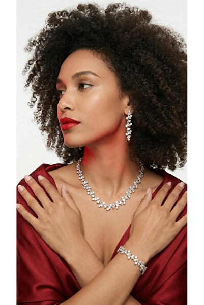 HUBANN Zarif Mekik Kristal Taşlı Kolye Küpe Kadın Takı Seti Abiye Davet