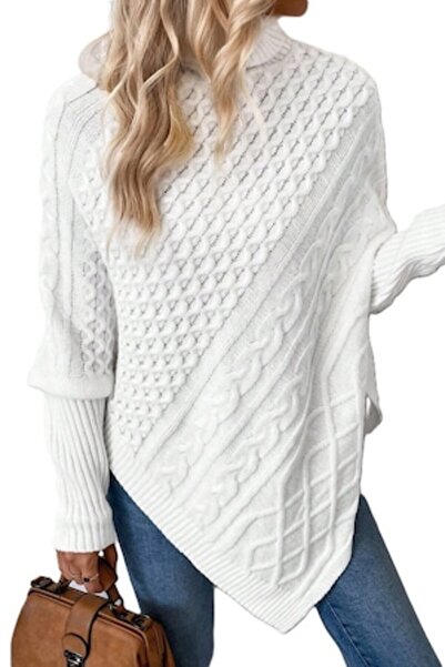 StreetWear Outlet Women's Knitted Asymmetric Sweater with High Collar, White, S