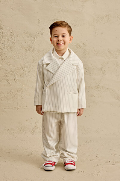 Fahhar Kids Cross-Waisted Striped Trousers Ecru