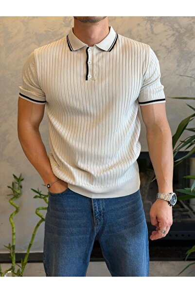 ECARTS Men's Stripe Textured Collar Detail Button Tshirt Beige Eca068