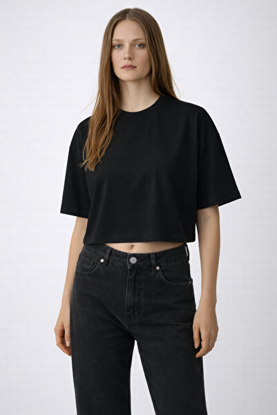 FLAMOVA Women's Cropped T-Shirt Oversize Fit 100% P Cotton Round Neck T-Shirt