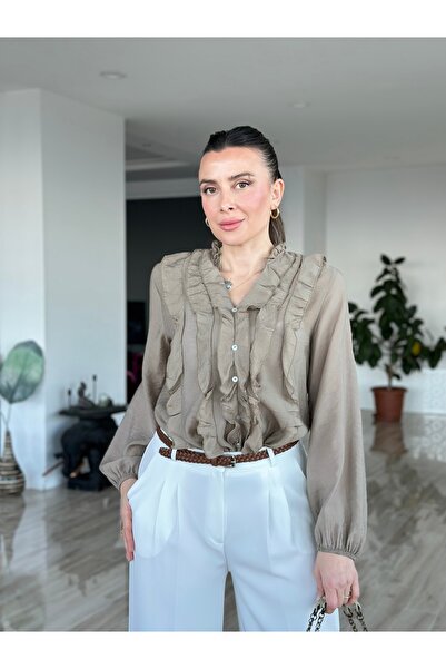 AYSEGUL SOZKESEN Haki Renk Kadın V Yakalı Firfiırlı Tül Bluz
