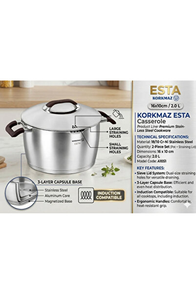 korkmaz züccaciye Korkmaz Esta Casserole 16x10 cm 2.0L Stainless Steel Deep P...