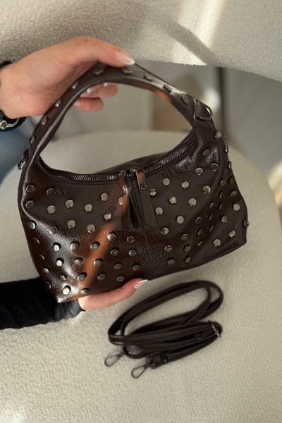EVVA BAGS Studded Detail Zippered Bitter Coffee Handbags and Shoulder Bag