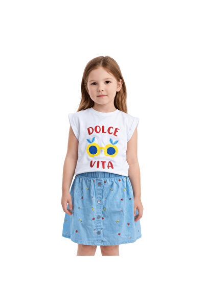 onymino Girl's Printed White T-Shirt and Special Embroidery Printed Blue Skir...