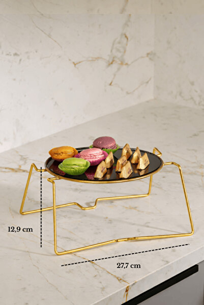 Edora Home Altın Yuvarlak Servis Standı,İkramlık,Sunumluk Siyah Pleksili Meta...