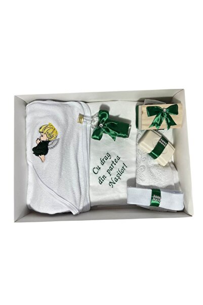 Your Baby Store Trusou botez ingeras brodat - verde, 7 piese, bumbac