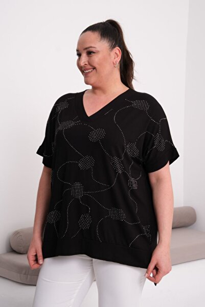 Esina Women's V-Neck Stone Detailed Viscose Blouse