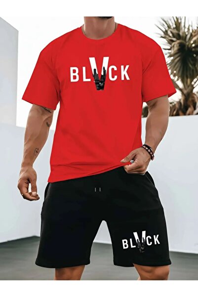 puolikuu Men's Oversized Tracksuit with Shorts - Black Printed T-Shirt - Shorts