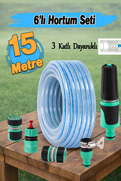 Badem10 (15 Metre) Şeffaf Üç Katlı Sağlam 6'lı Bağlantı Adaptör Seti Bahçe Ho...