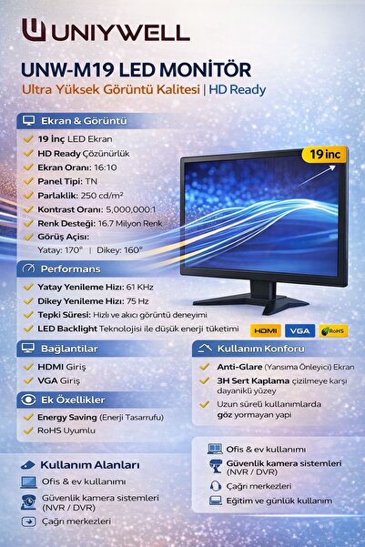 UNIYWELL 19 İnç 75Hz LED Monitör - HDMI + VGA Girişli, HD Ready Güvenlik Kame...