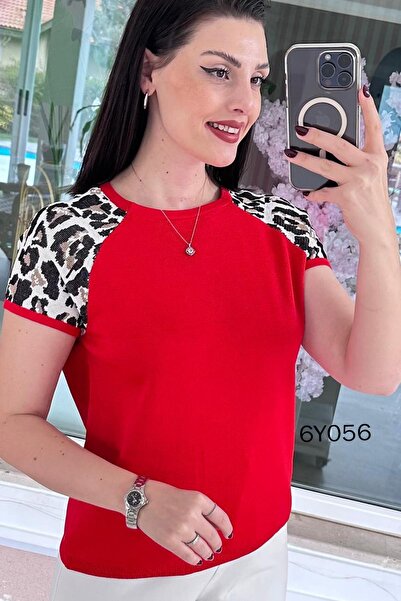 İnce Topuk Leopard Paneled Mercerized Knitwear Blouse 6Y056