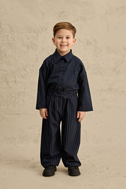 Fahhar Kids Pantaloni cu talie încrucișată cu dungi Bleumarin