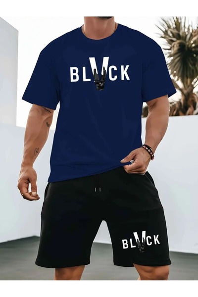 puolikuu بدلة رياضية رجالية كبيرة الحجم مع شورت - أسود مطبوع تي شيرت - شورت