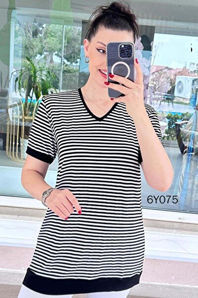 İnce Topuk V-Neck Striped Viscose Blouse 6Y075