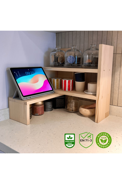 WOODHAUS Masif Ahşap Mutfak Rafı Büyük Boy Tezgah Üstü Düzenleyici Kahve Köşe...