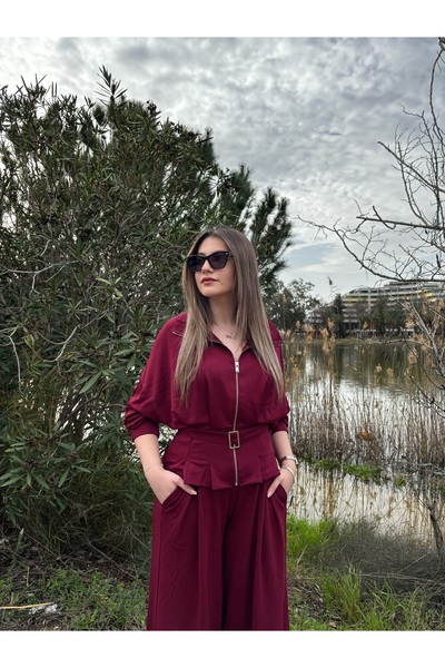 ROSYPOSY Bordo Modal Kemerli Fermuarlı Alt-Üst Takım