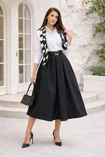 Neşeli Butik fustă neagră de damă cu pliuri detaliu la curea A croială lungim...