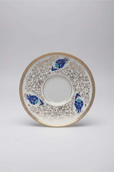 İpek Porselen 6 Kişilik Mavi Alev Lale Desen Yaldızlı Çay Tabağı 12cm