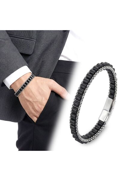 FM 💎 Premium Oniks Doğal Taşlı Hasır Örgü Zincirli Erkek Çelik Bileklik 3183...