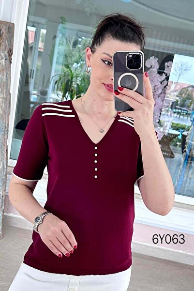 İnce Topuk V-Neck Stone Detail Mercerized Knitwear Blouse 6Y063