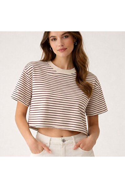 Lotus Kadın Çizgili Tişört Oversize Basic Kısa Kollu T-Shirt