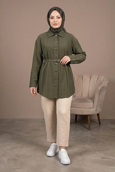Tesettür Diyarı Κορέλ Τάνσελ Υφασμάτινο Πουκάμισο Τεσεττούρ με Ζώνη - Χακί