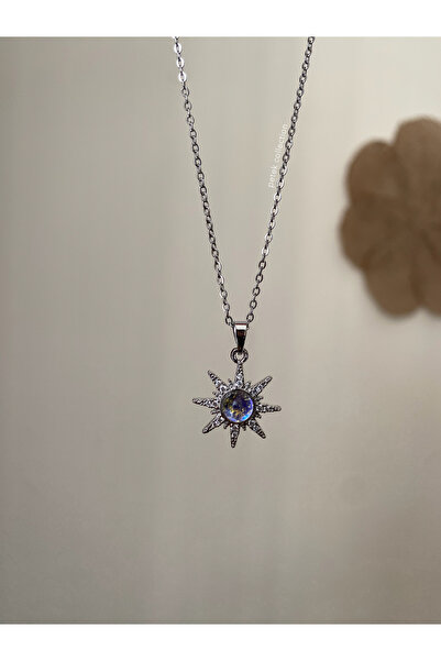 Petek Collection Opal Stone Sun Model Silver Steel Necklace