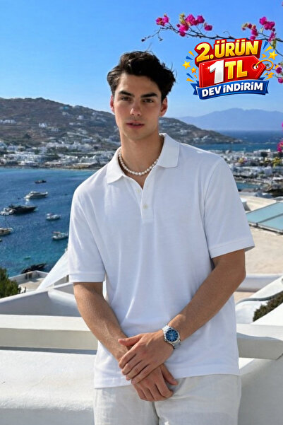 DAMGA JEANS Men's Cotton Pack Short Sleeve White Polo Collar T-Shirt