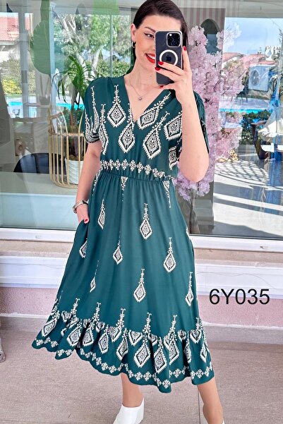 İnce Topuk V-Neck Elastic Waist Viscose Dress 6Y035