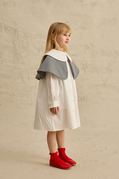 Fahhar Kids Double Gingham Collar Dress Ecru