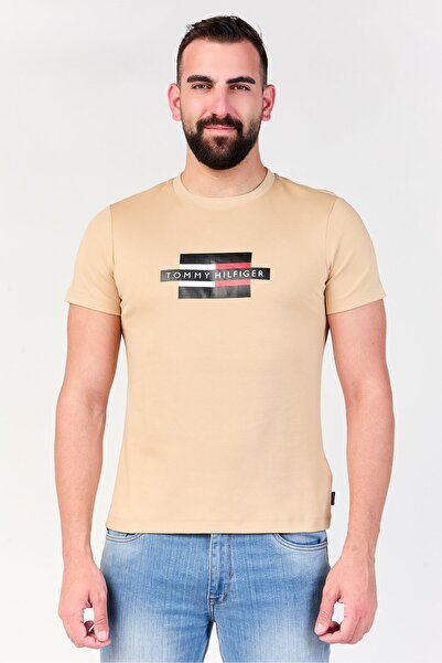Tommy Hilfiger Men Crew Neck Short Sleeve Brand Logo T-Shirt, Beige