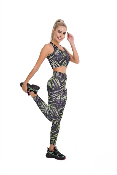 Lohussa Women's Green Anthracite Patterned Sports High Waist Leggings Bustier...