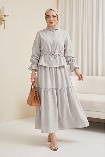 HİJABAYA Κουμπιά μπροστά, ελαστικό μανίκι, κορδόνια τούνελ, Λινό σετ