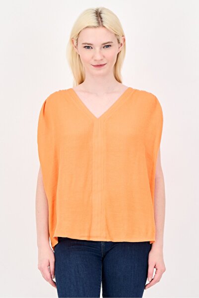 PROMOD Women V-Neck Plain Cap Sleeve Top, Orange