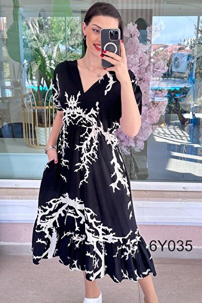 İnce Topuk V-Neck Elastic Waist Viscose Dress 6Y035