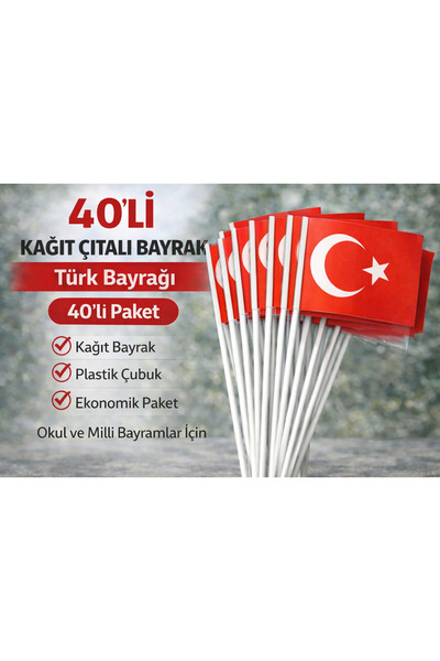 KAR TANESİ 40’lı Kağıt Çıtali Türk Bayrağı Plastik Çubuklu El Bayrağı Okul ve...