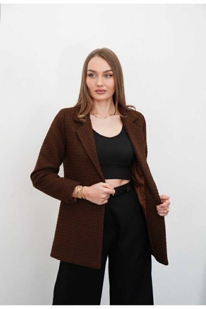 Niora Moda سترة من التويد المبطنة بلون القهوة الداكنة بزر واحد