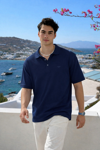 DAMGA JEANS Men's Cotton Pack Short Sleeve Navy Blue Polo Neck T-Shirt