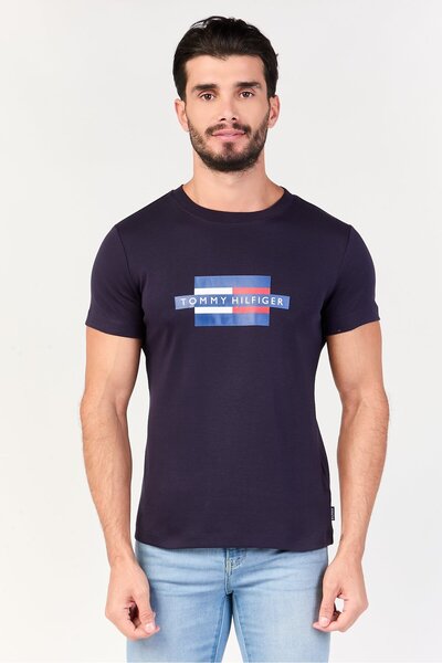 Tommy Hilfiger Men Crew Neck Short Sleeve Graphic Print T-Shirt, Navy Blue