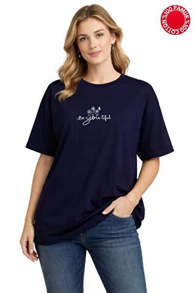 CLAYES Beyoutiful Printed Navy Blue Oversized T-Shirt - 100% Cotton