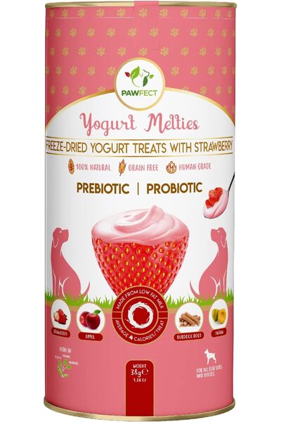 Tamamen Doğal, Çilekli, Prebiyotik ve Probiyotik İçerikli Dondurularak Kurutulmuş Yoğurt ödül maması