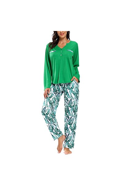OEM Women's Cotton Pajamas Leaf Pattern XL Green Long Sleeve T-Shirt Long Pants