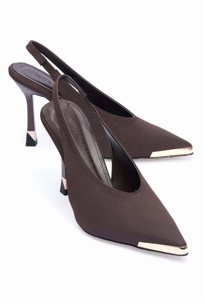 Mubiano Women's Nubuck Stiletto Pointed Toe Open Back Gold Metal Detailed Hee...